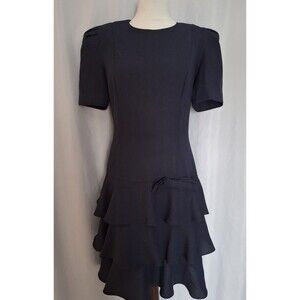 Vintage 80's Leslie Fay Tiered Ruffle Hem Drop Waist Modest Dress in Navy Sz 10